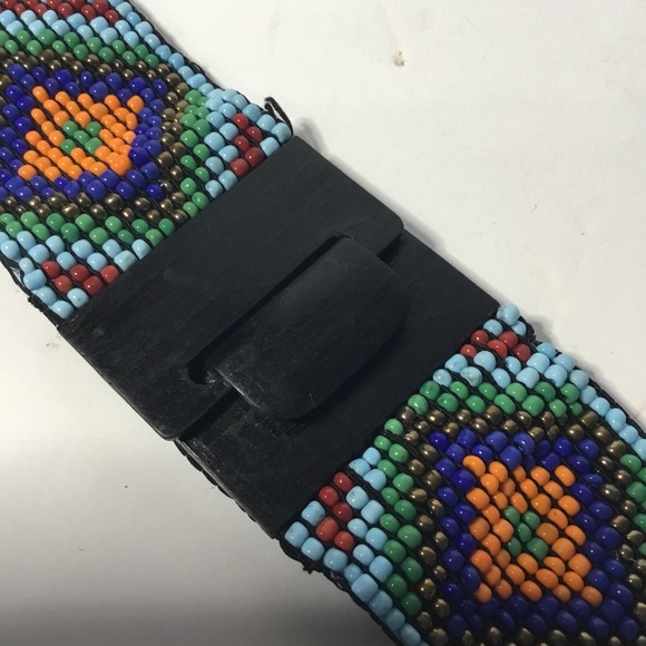 Southwest Handcrafted Multi Color Bead Stretchable Bohemian Belt Wooden Buckle - Picture 2 of 5